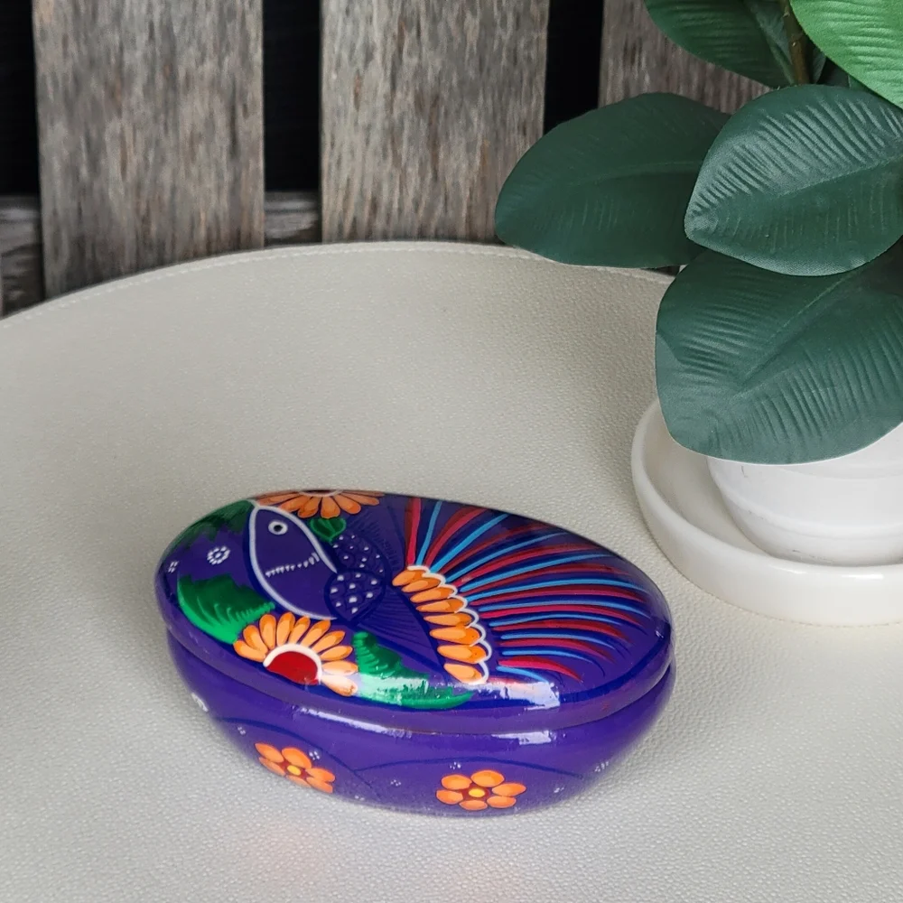 Mexican Folk Art Hand-Painted Oval Trinket Box Purple Bird